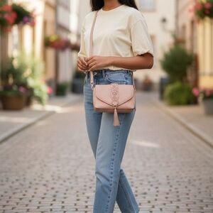 Blush Pink Braided Crossbody Bag with Tassel Gold Hardware Boho Style